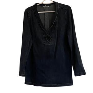 North Style Dark Wash Denim Shirt Sz L Long Sleeves V Neck Buttons on Sides